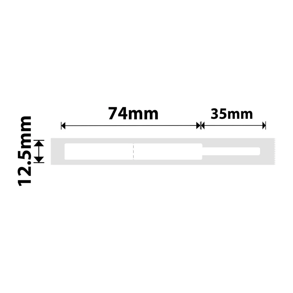 Etiquetas térmicas Niimbot Blanco T12.5*74+35-65, diagrama: cotas 74mm, 35mm y 12.5mm sobre etiqueta con ranura central