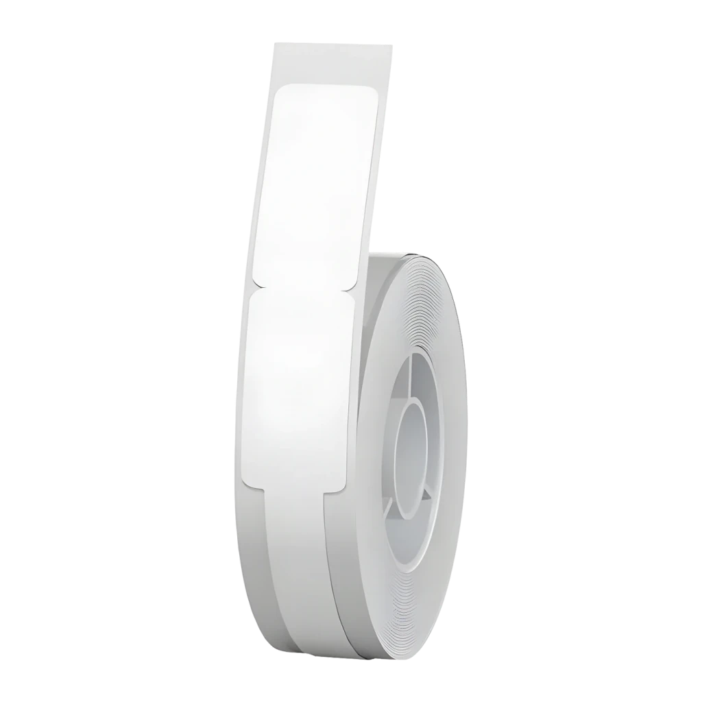 Etiquetas térmicas Niimbot Blanco T12.5*74+35-65, detalle: rollo en espiral con etiqueta en forma de T desplegada