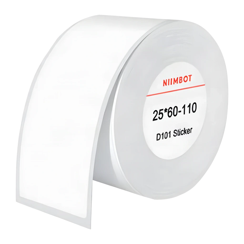 Etiquetas térmicas Niimbot 25×60mm 110 uds Rollo Blanco T25×60-110, vista frontal: rollo en ángulo con etiqueta desplegada