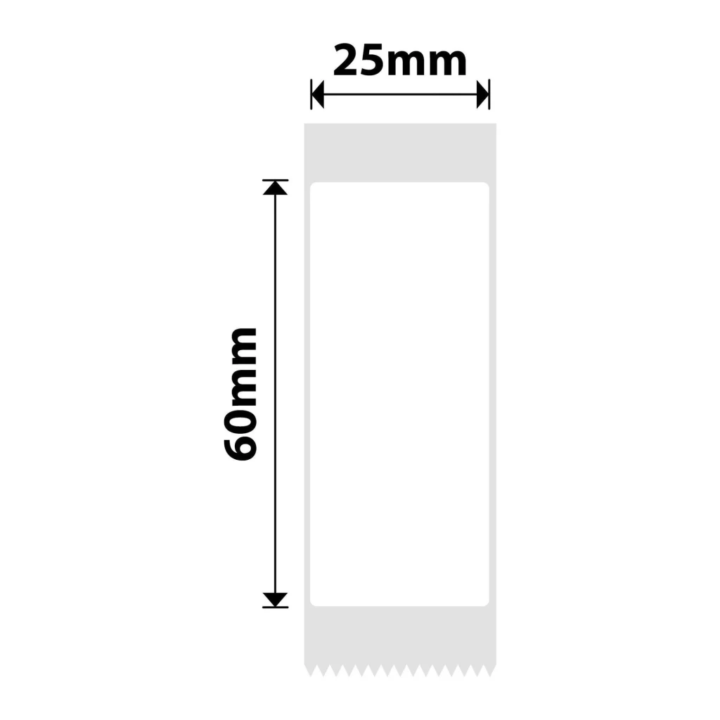 Etiquetas térmicas Niimbot 25×60mm 110 uds Rollo Blanco T25×60-110, diagrama: cotas 25mm ancho y 60mm alto con borde dentado
