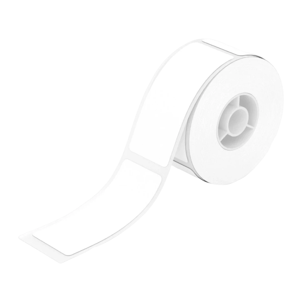Etiquetas térmicas Niimbot 25×60mm 110 uds Rollo Blanco T25×60-110, detalle: rollo en perspectiva con núcleo plástico gris