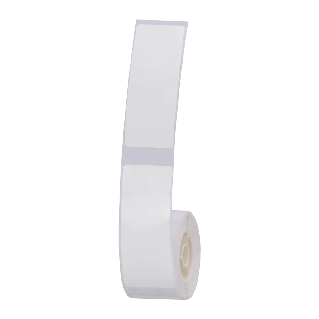 Etiquetas térmicas Niimbot 25×60mm 110 uds Rollo Blanco T25×60-110, detalle: rollo desplegado en vertical sobre fondo negro