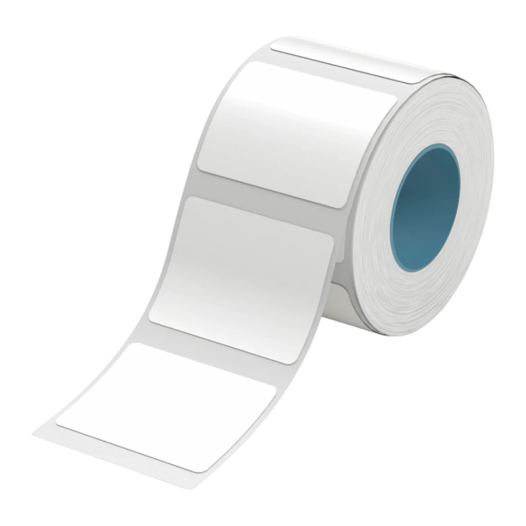 Etiquetas térmicas Niimbot 900 uds 40x30mm Blanco T40x30, vista frontal: rollo con núcleo azul y etiquetas desplegadas