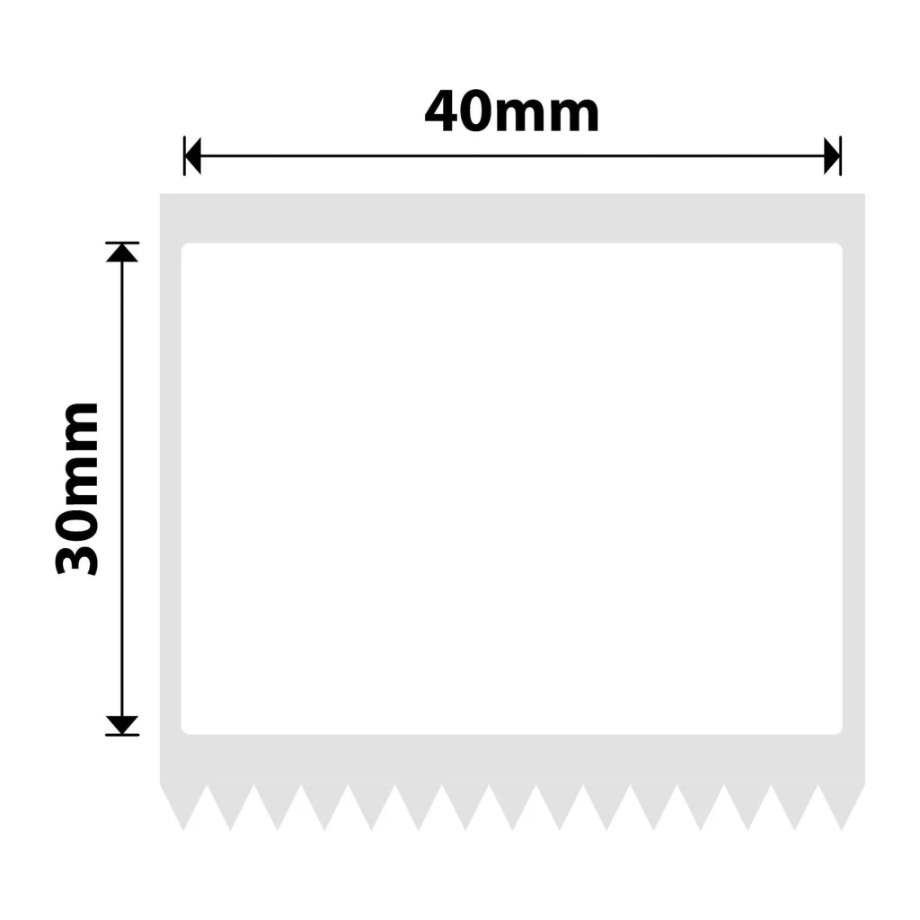 Etiquetas térmicas Niimbot 900 uds 40x30mm Blanco T40x30, diagrama: cotas 40mm ancho y 30mm alto con borde dentado inferior