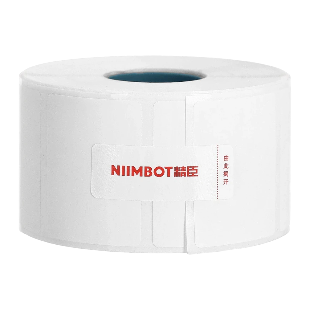 Etiquetas térmicas Niimbot 900 uds 40x30mm Blanco T40x30, detalle: rollo frontal con etiqueta desplegada y logo rojo