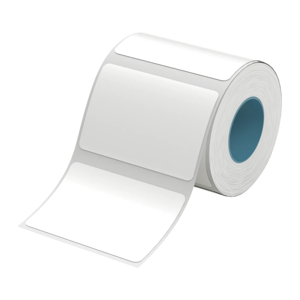 Etiquetas térmicas Niimbot 60x40mm 690 uds Blanco T60x40-690, vista frontal: rollo con núcleo azul y etiqueta desplegada