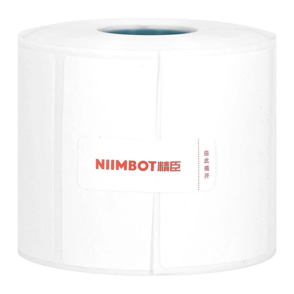 Etiquetas térmicas Niimbot 60x40mm 690 uds Blanco T60x40-690, detalle: rollo frontal con logo Niimbot en rojo y lengüeta