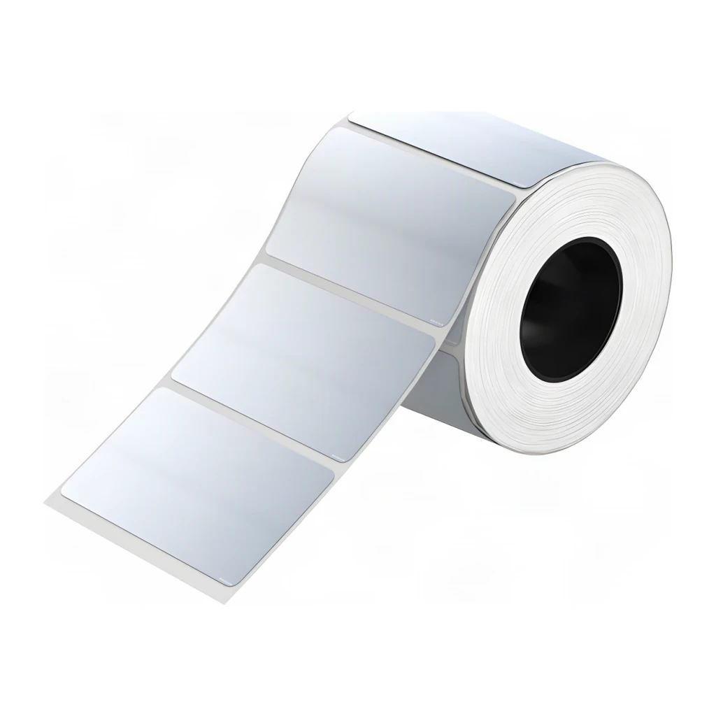 Etiquetas térmicas Niimbot 50×30 mm Plateadas 225 uds ES50×30-225, vista frontal: rollo con etiquetas plateadas brillantes