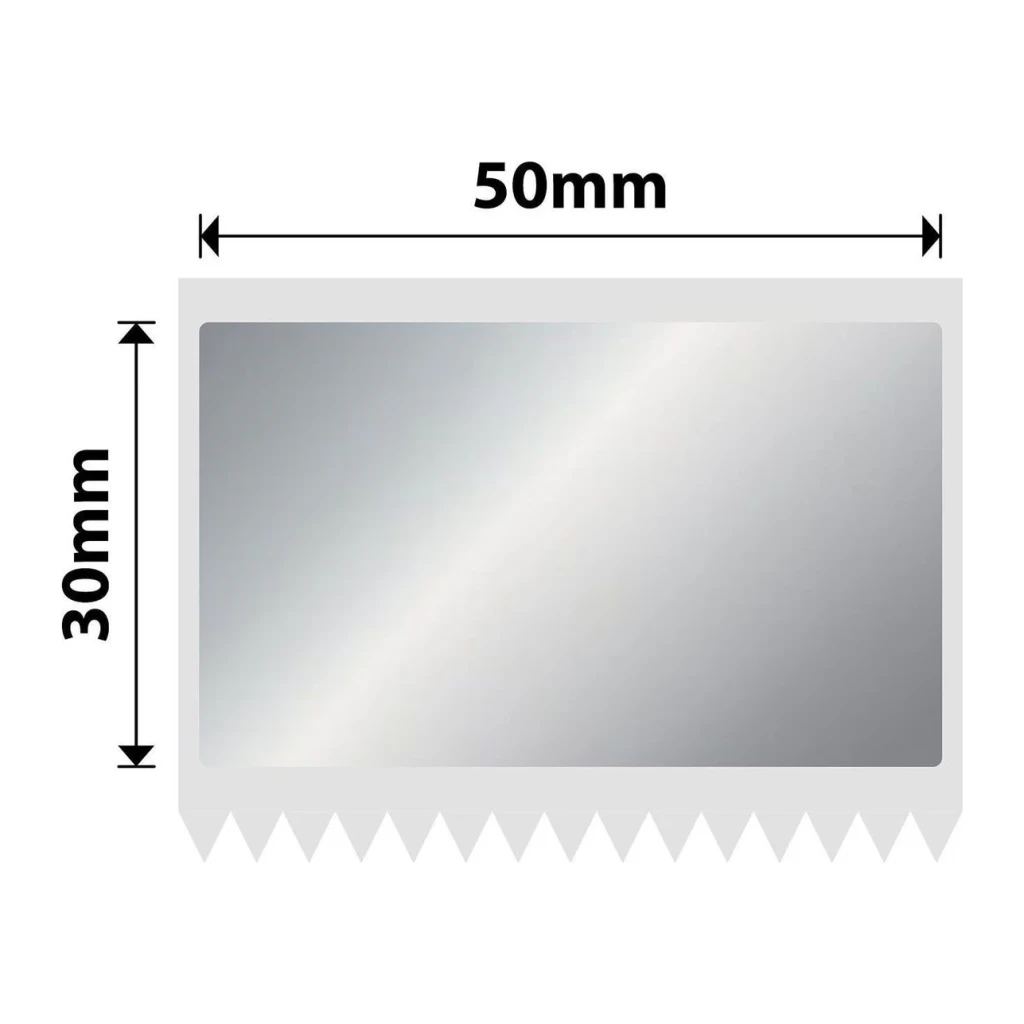 Etiquetas térmicas Niimbot 50×30 mm Plateadas 225 uds ES50×30-225, dimensiones: cotas 50 mm ancho y 30 mm alto con borde