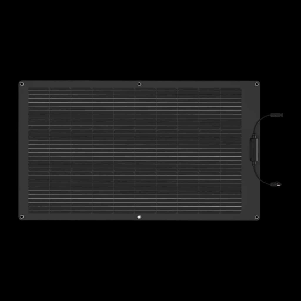 Panneau Solaire Flexible EcoFlow 100W Monocristallin Noir, vue de face: surface de cellules noires, œillets aux coins