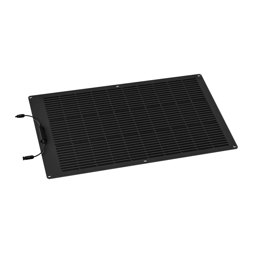 Panneau Solaire Flexible EcoFlow 100W Monocristallin Noir, détail: vue en perspective des cellules, œillets et câble MC4