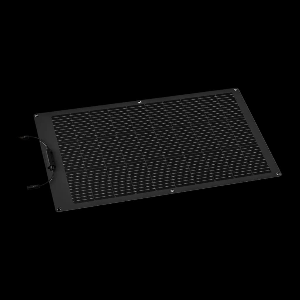 Panneau Solaire Flexible EcoFlow 100W Monocristallin Noir, détail: vue en perspective des cellules, œillets et câble MC4