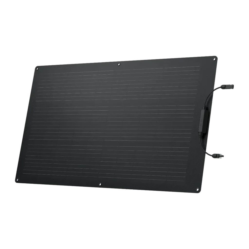 Panneau Solaire Flexible EcoFlow 100W Monocristallin Noir, détail: surface monocristalline et connecteurs MC4 latéraux