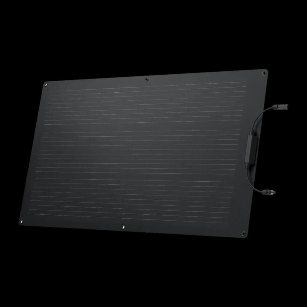 Panneau Solaire Flexible EcoFlow 100W Monocristallin Noir, détail: surface monocristalline et connecteurs MC4 latéraux