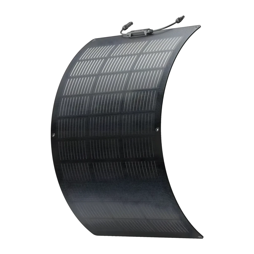 Panneau Solaire Flexible EcoFlow 100W Monocristallin Noir, détail: courbure prononcée révélant les cellules monocristallines