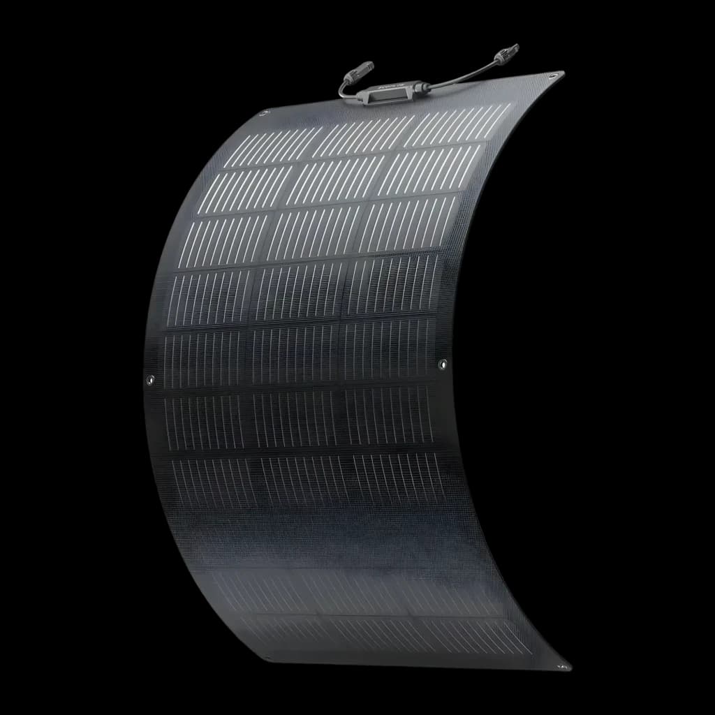 Panneau Solaire Flexible EcoFlow 100W Monocristallin Noir, détail: courbure prononcée révélant les cellules monocristallines