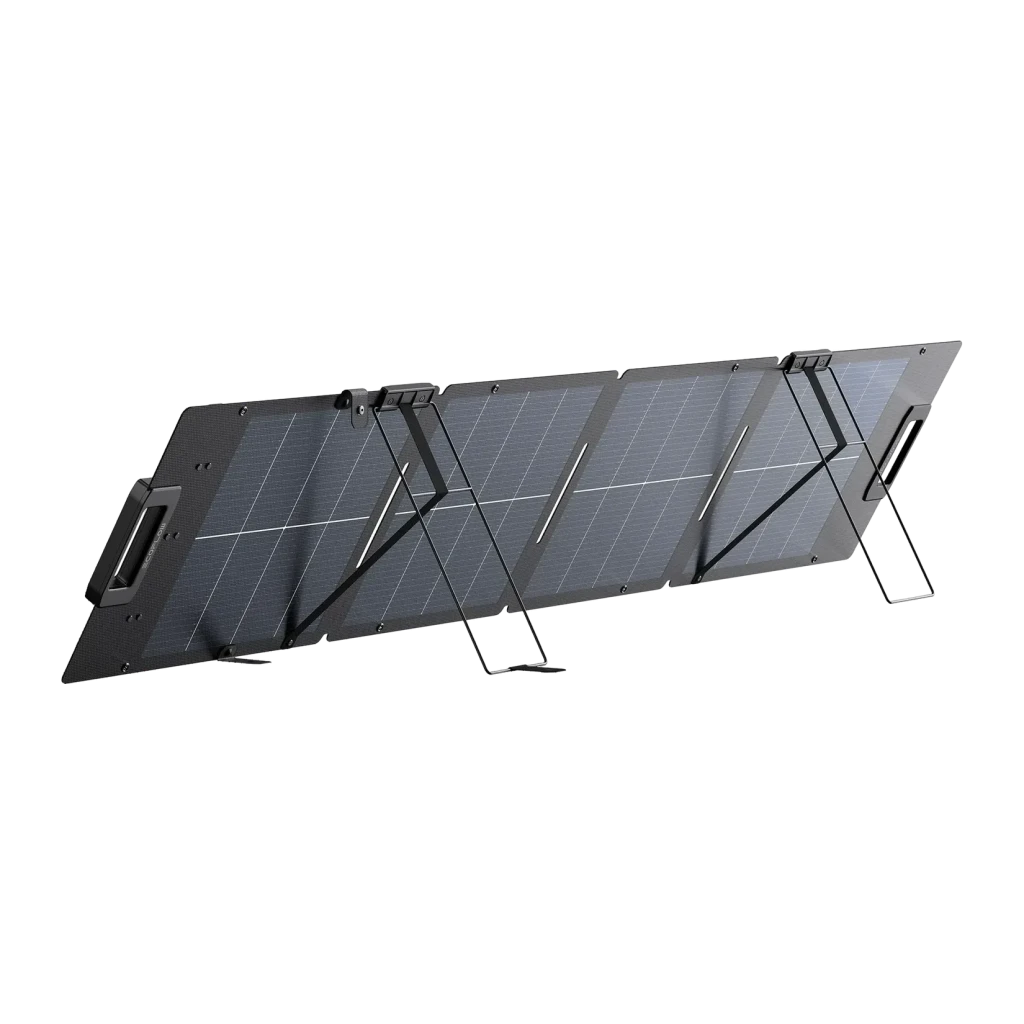 Panneau Solaire Pliable EcoFlow 110W Noir (122W BNPI) IP68 XT60 intégré, vue arrière: panneau déplié sur support métallique