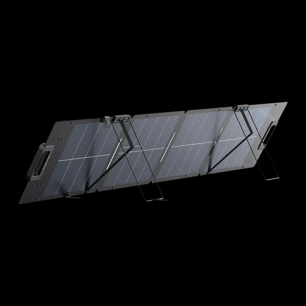 Panneau Solaire Pliable EcoFlow 110W Noir (122W BNPI) IP68 XT60 intégré, vue arrière: panneau déplié sur support métallique