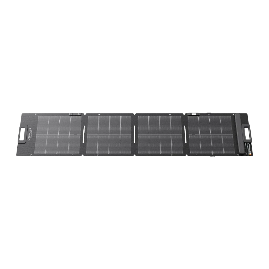 Panneau Solaire Pliable EcoFlow 110W Noir (122W BNPI) IP68 XT60 intégré, détail: panneau entièrement déplié avec 4 cellules