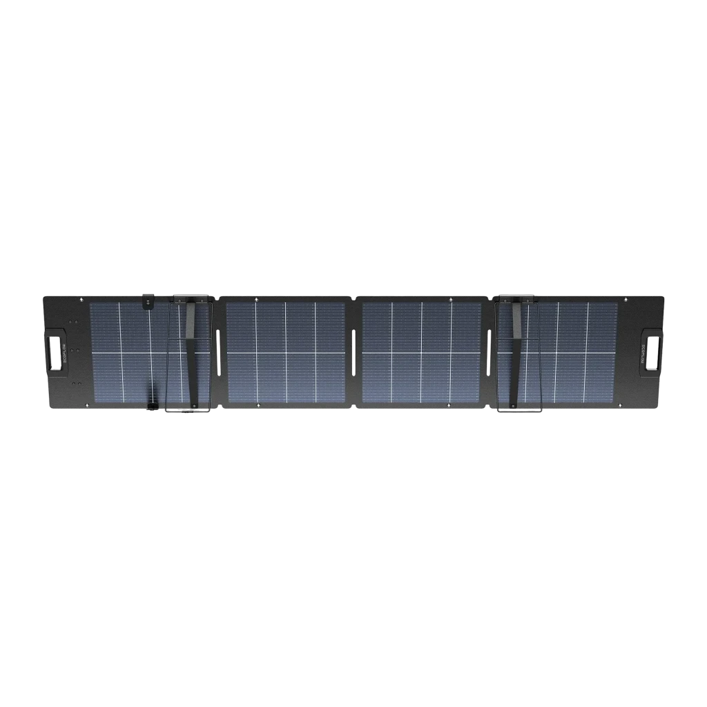 Panneau Solaire Pliable EcoFlow 110W Noir (122W BNPI) IP68 XT60 intégré, vue arrière: 4 panneaux dépliés avec poignées
