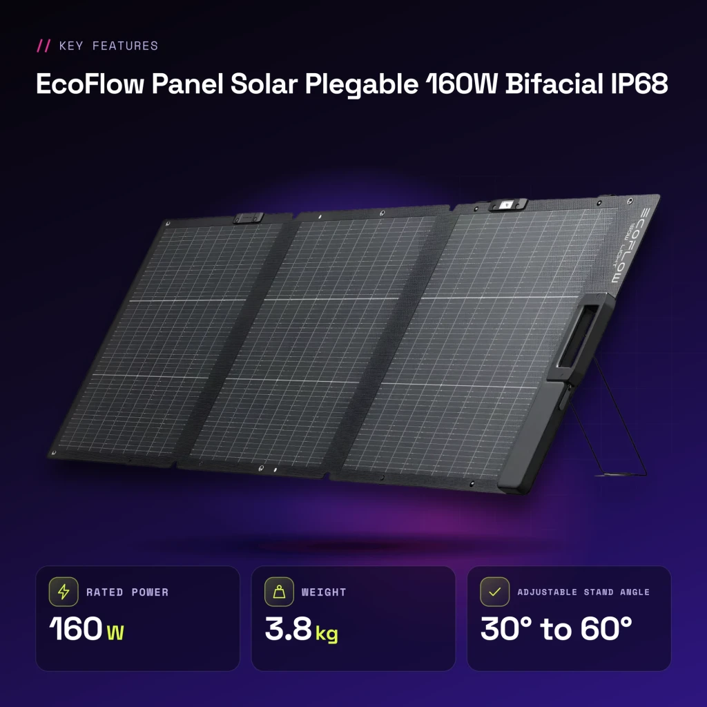 Panneau Solaire Pliable EcoFlow 160W Bifacial IP68 Noir - caractéristiques