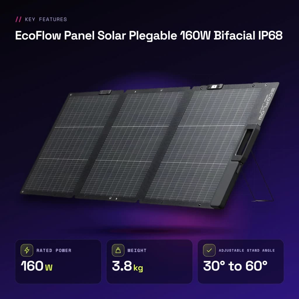 Panneau Solaire Pliable EcoFlow 160W Bifacial IP68 Noir - caractéristiques