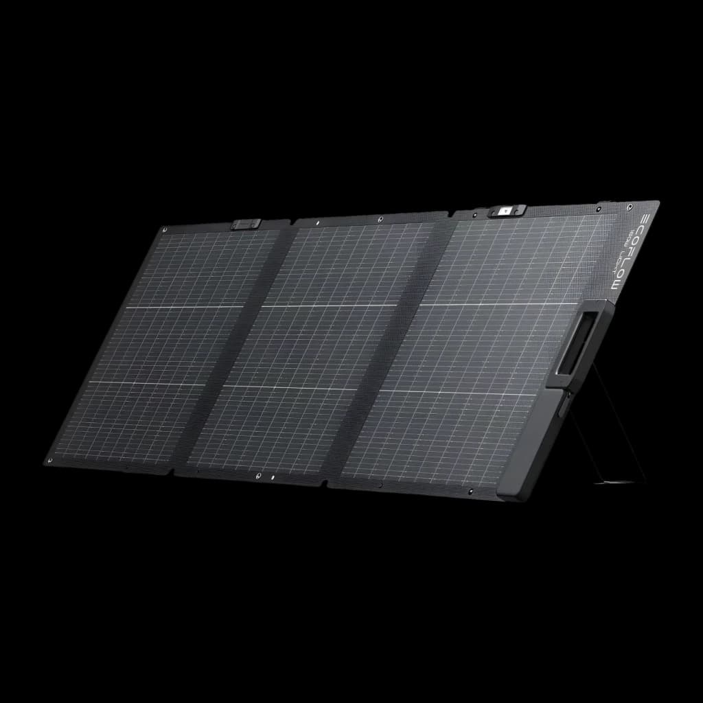 Panneau Solaire Pliable EcoFlow 160W Bifacial IP68 Noir, vue de face: trois panneaux dépliés avec support intégré en angle