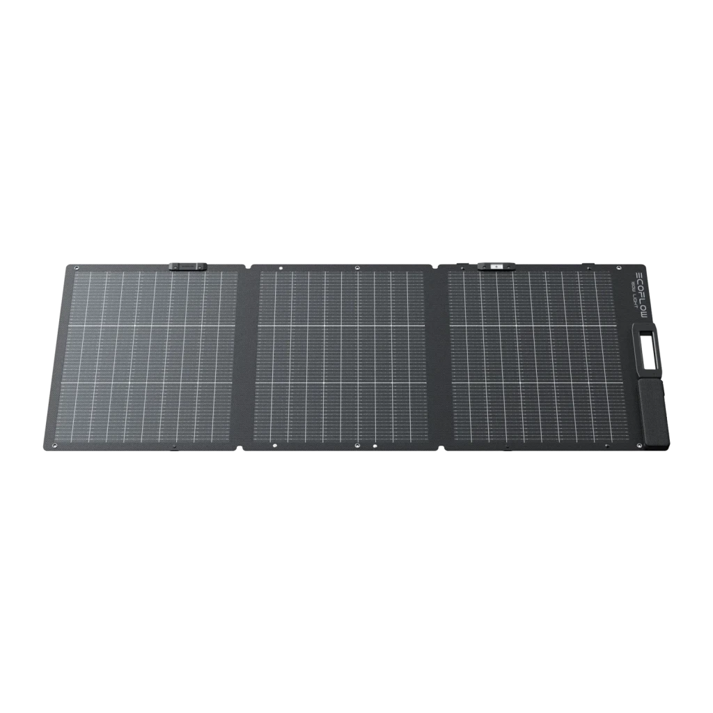 Panneau Solaire Pliable EcoFlow 160W Bifacial IP68 Noir, détail: trois panneaux dépliés avec cellules monocristallines