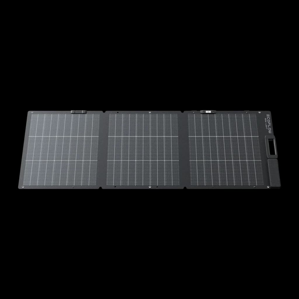 Panneau Solaire Pliable EcoFlow 160W Bifacial IP68 Noir, détail: trois panneaux dépliés avec cellules monocristallines