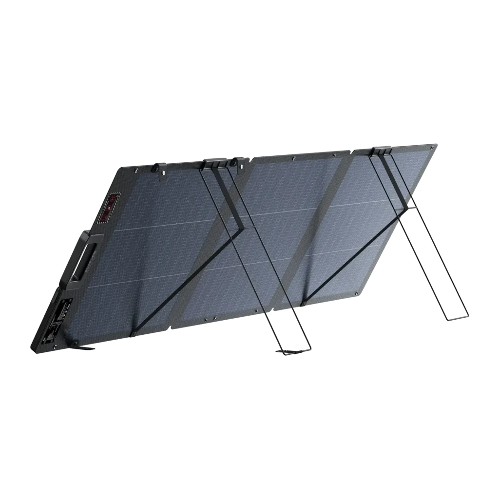 Panneau Solaire Pliable EcoFlow 160W Bifacial IP68 Noir, vue arrière: face arrière dépliée sur pieds métalliques