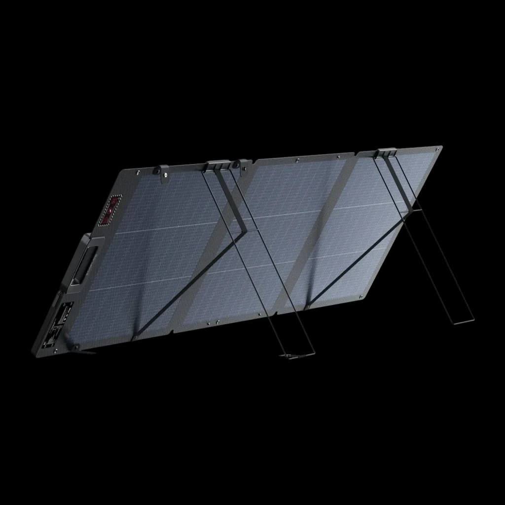 Panneau Solaire Pliable EcoFlow 160W Bifacial IP68 Noir, vue arrière: face arrière dépliée sur pieds métalliques