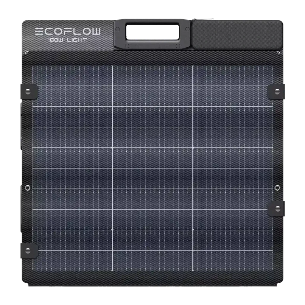 Panneau Solaire Pliable EcoFlow 160W Bifacial IP68 Noir, détail face avant: cellules bifaciales, poignée et sangles de coin