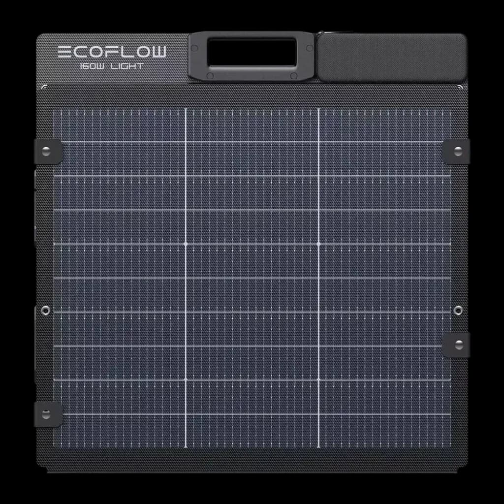 Panneau Solaire Pliable EcoFlow 160W Bifacial IP68 Noir, détail face avant: cellules bifaciales, poignée et sangles de coin