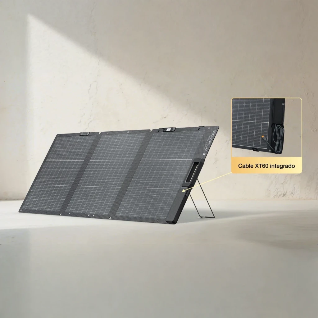 Panneau Solaire Pliable EcoFlow 160W Bifacial IP68 Noir, vue latérale: panneau déplié avec support et détail câble XT60