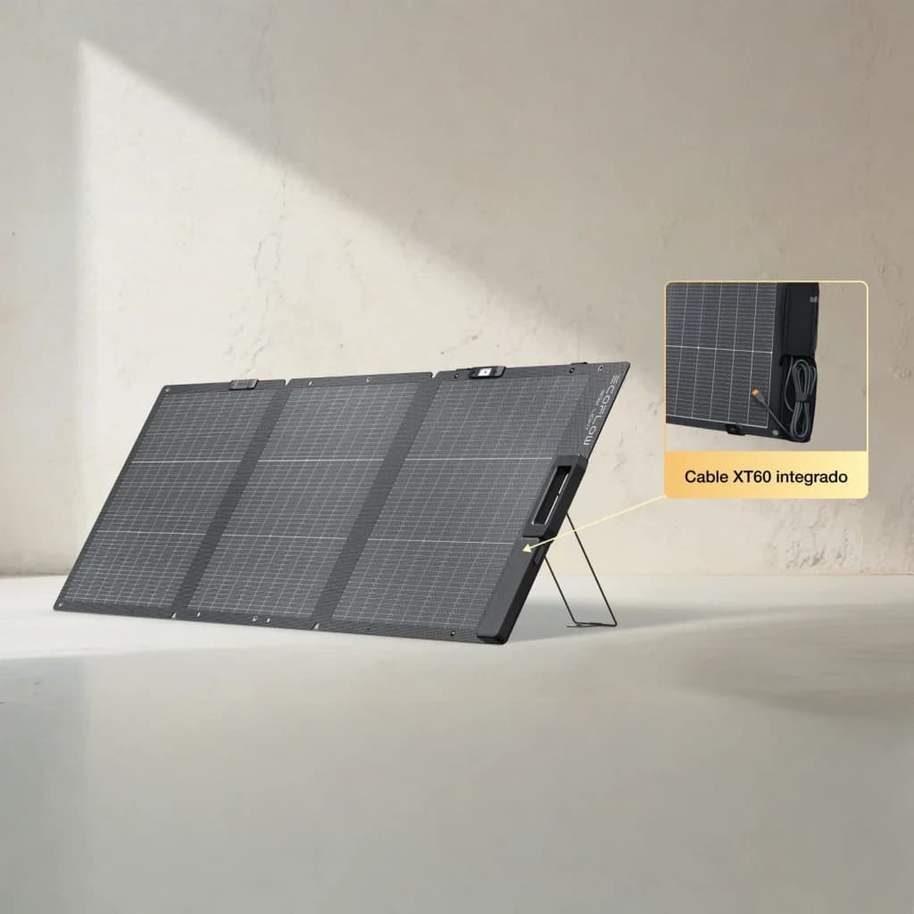 Panneau Solaire Pliable EcoFlow 160W Bifacial IP68 Noir, vue latérale: panneau déplié avec support et détail câble XT60