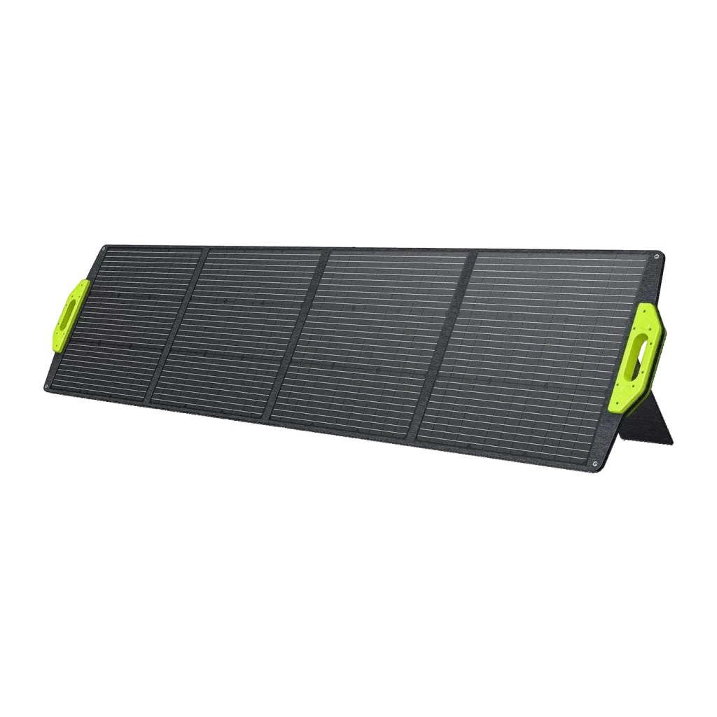 Painel Solar Dobrável FOSSIBOT SP200 Preto 200W Monocristalino Eficiência 23,4%, vista frontal: 4 painéis abertos