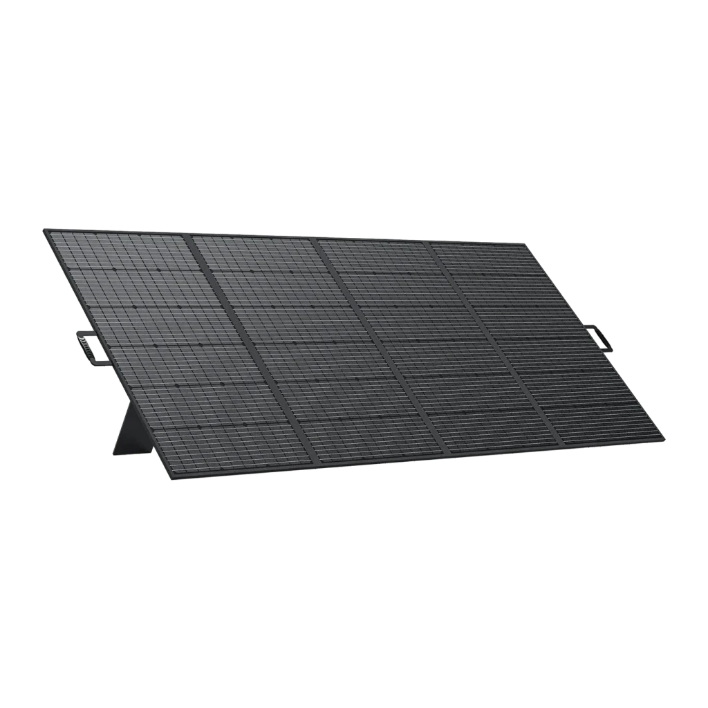 Painel Solar Dobrável Fossibot SP420 Preto 420W Monocristalino 23,4% eficiência, vista frontal: 4 painéis abertos