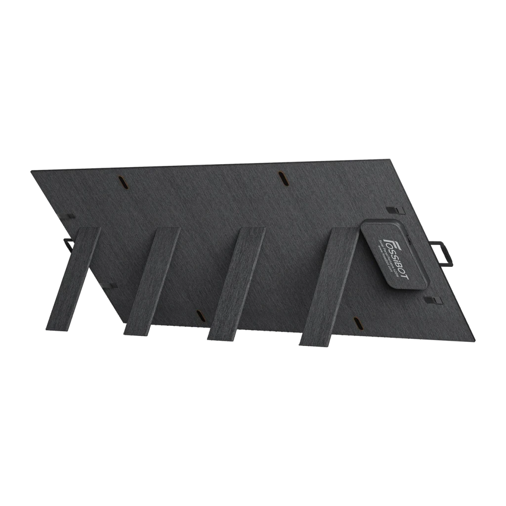 Painel Solar Dobrável Fossibot SP420 Preto 420W Monocristalino 23,4% eficiência, vista traseira: pés de suporte abertos