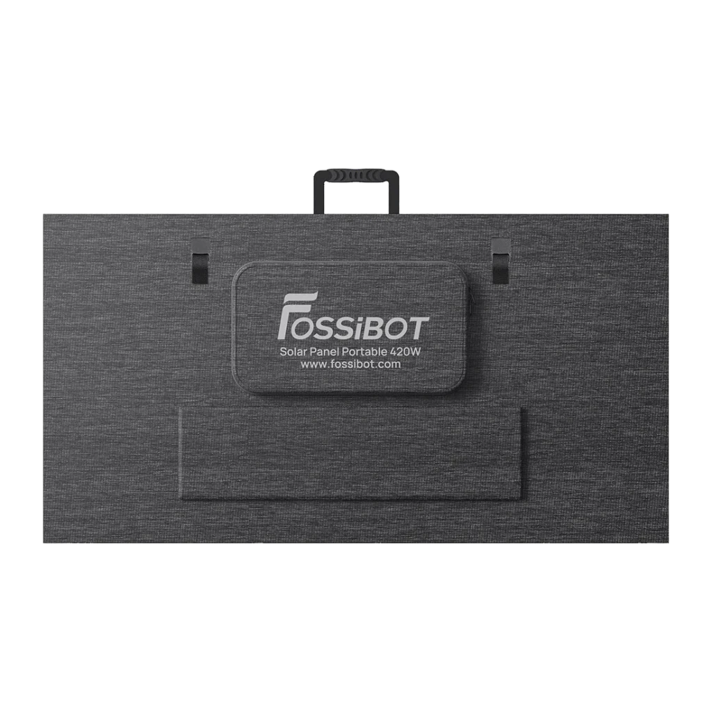 Painel Solar Dobrável Fossibot SP420 Preto 420W Monocristalino 23,4% eficiência, detalhe: verso dobrado com alça, bolso