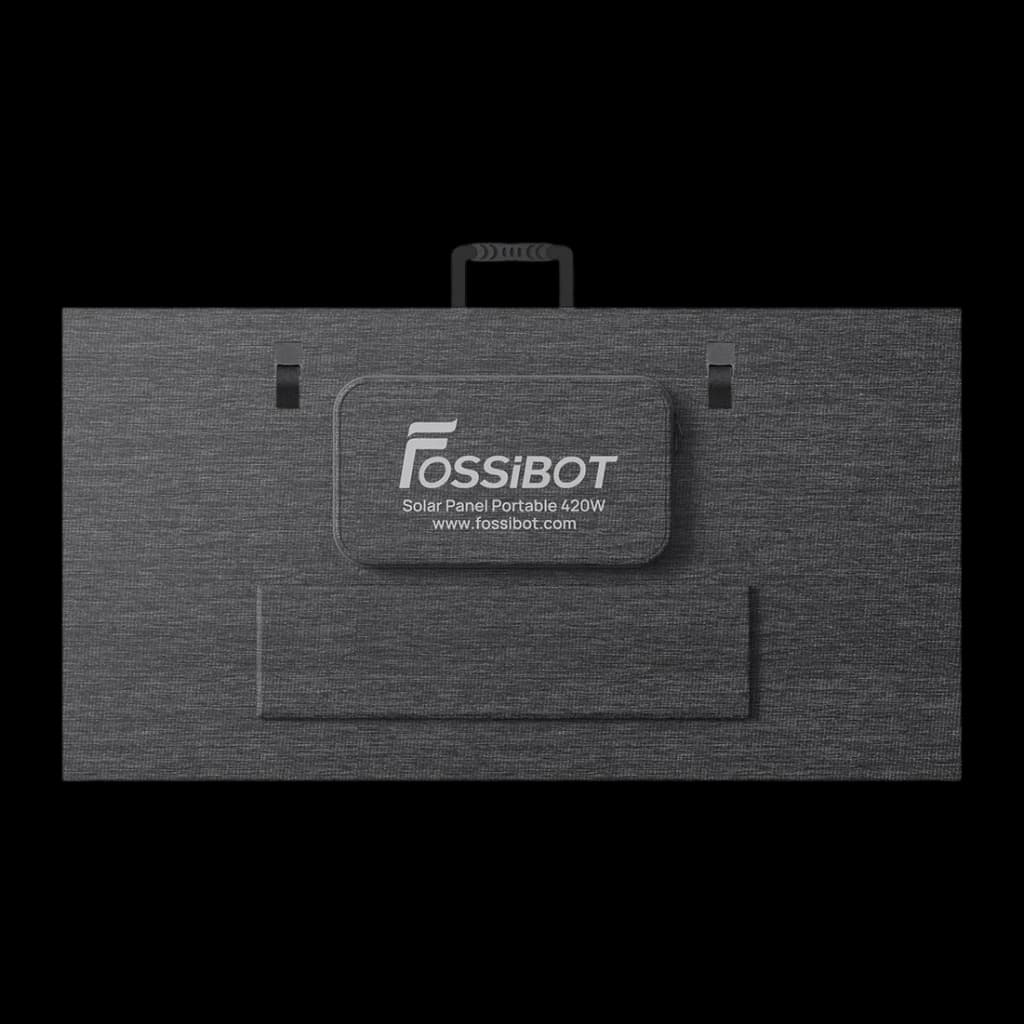 Painel Solar Dobrável Fossibot SP420 Preto 420W Monocristalino 23,4% eficiência, detalhe: verso dobrado com alça, bolso