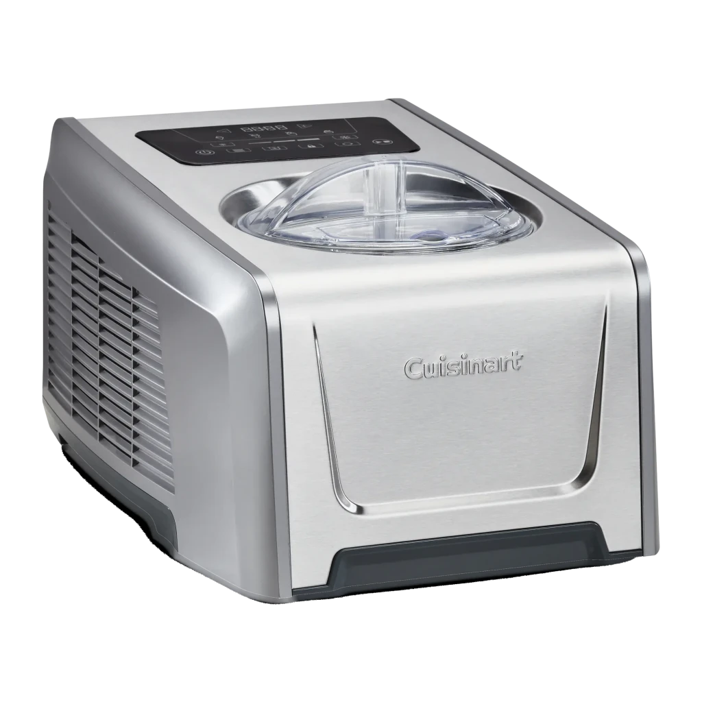 Sorbetière Cuisinart 1,5L Acier Inoxydable ICE150E, vue de face: corps brossé, couvercle transparent, panneau tactile