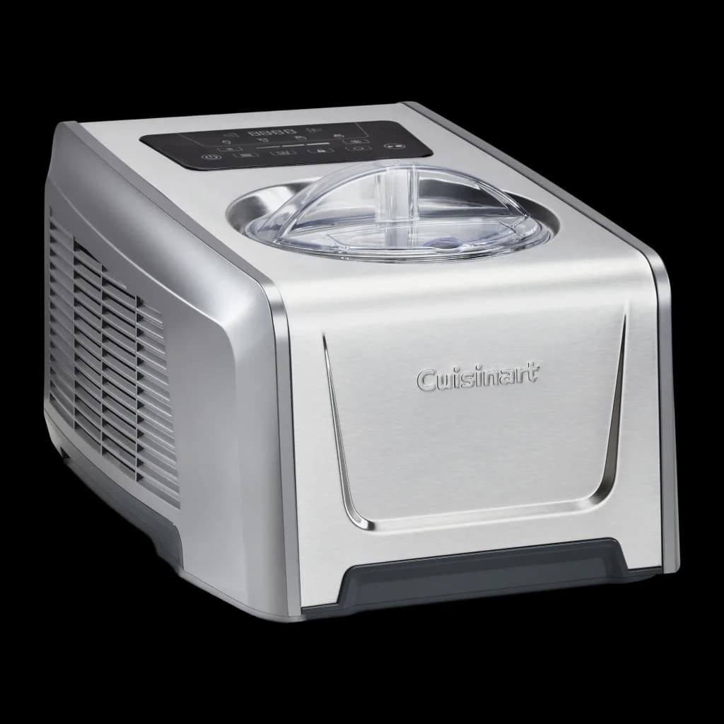 Sorbetière Cuisinart 1,5L Acier Inoxydable ICE150E, vue de face: corps brossé, couvercle transparent, panneau tactile