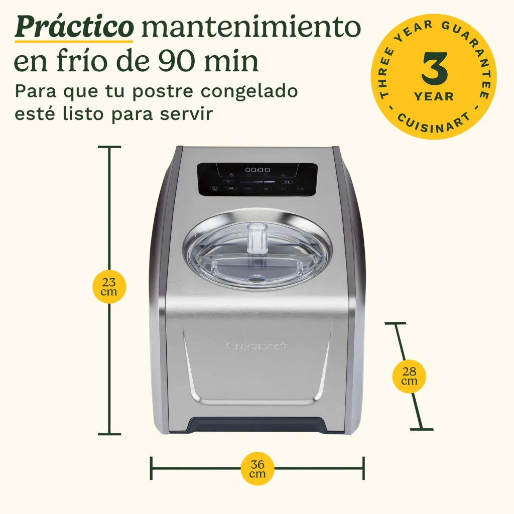 Sorbetière Cuisinart 1,5L Acier Inoxydable ICE150E, dimensions 23x36x28 cm et maintien au froid 90 min