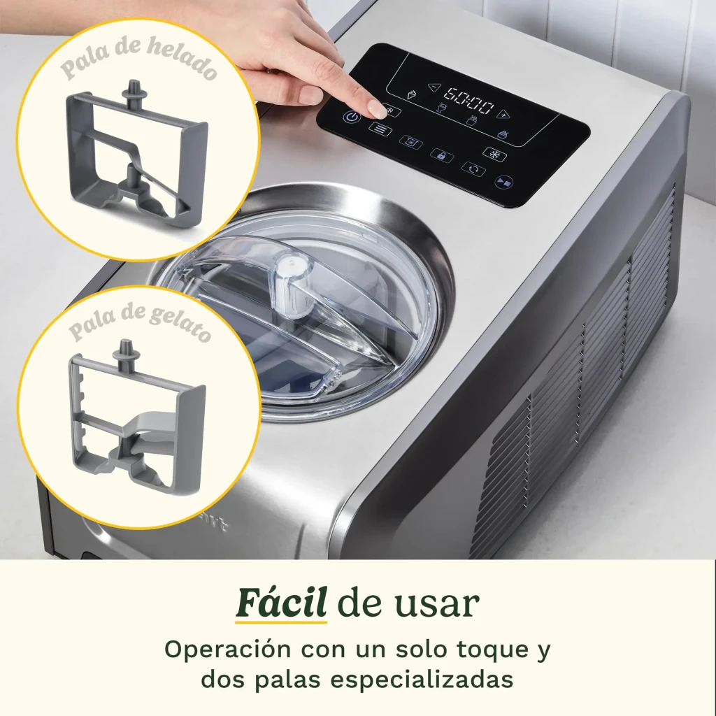 Sorbetière Cuisinart 1,5L Acier Inoxydable ICE150E, détail: panneau tactile et deux palettes spécialisées incluses