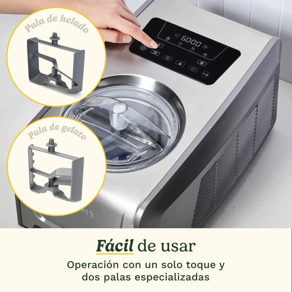 Sorbetière Cuisinart 1,5L Acier Inoxydable ICE150E, détail: panneau tactile et deux palettes spécialisées incluses