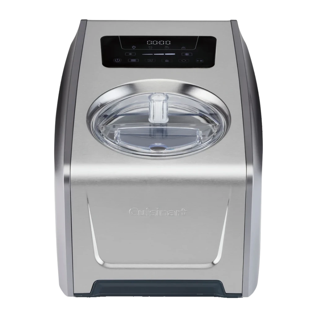 Sorbetière Cuisinart 1,5L Acier Inoxydable ICE150E, détail face avant: panneau tactile digital, couvercle transparent