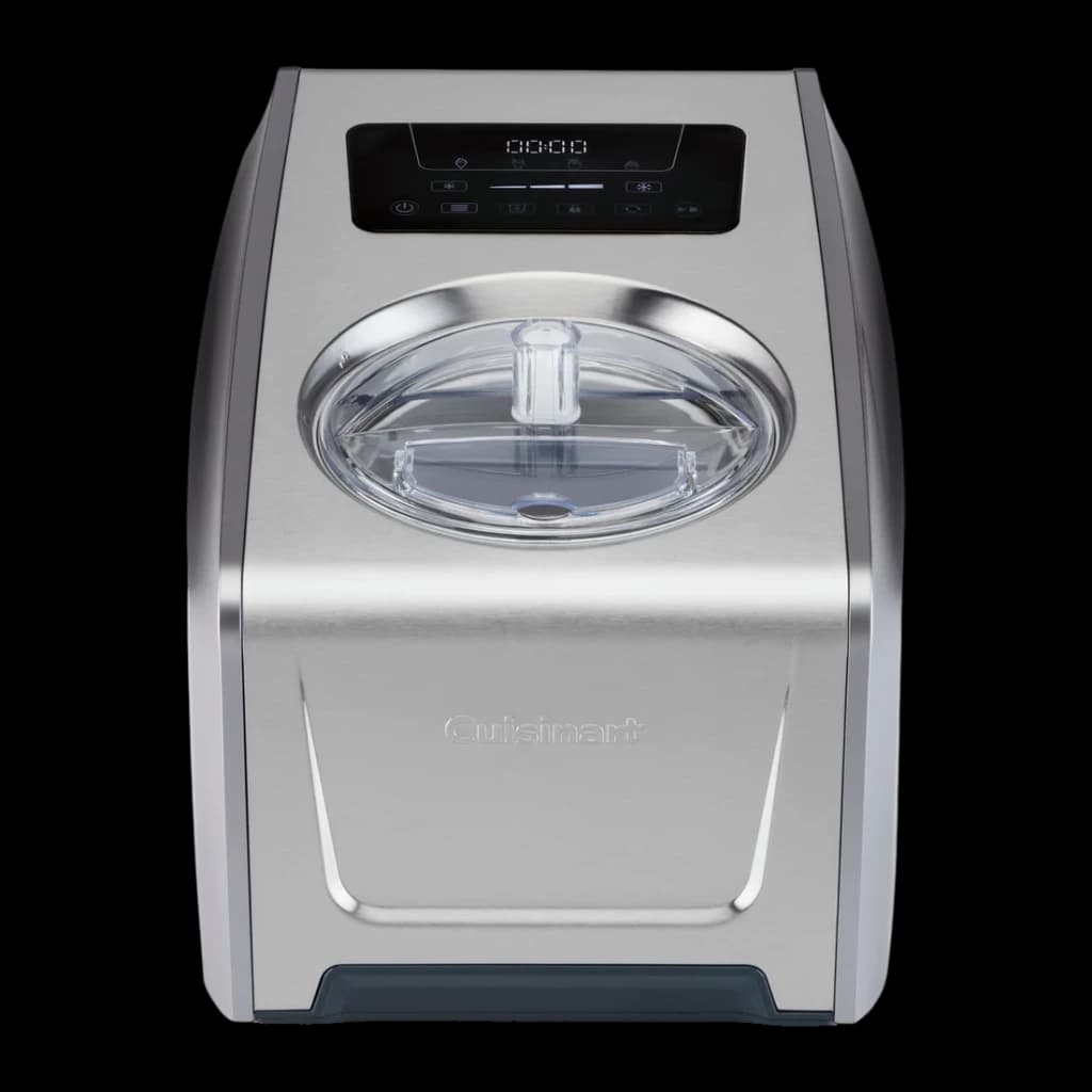 Sorbetière Cuisinart 1,5L Acier Inoxydable ICE150E, détail face avant: panneau tactile digital, couvercle transparent