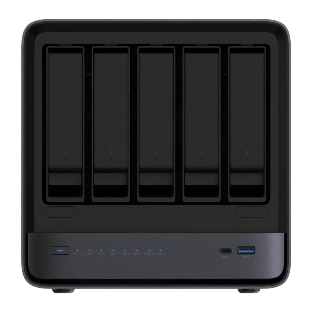 NAS Minisforum N5 Air 64GB SSD Sin RAM AMD Ryzen 7 255 MinisCloud OS, detalle frontal: 5 bahías de disco, LEDs azules