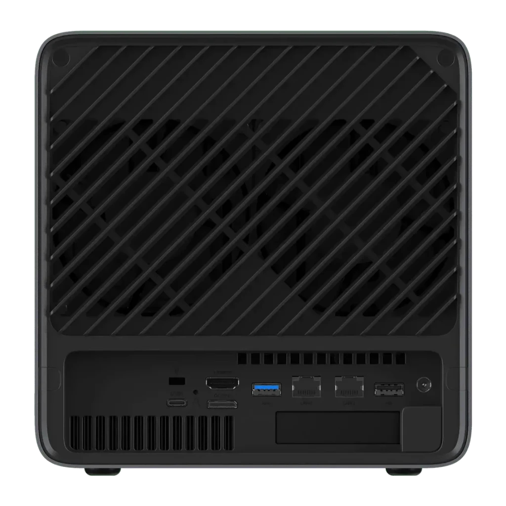 NAS Minisforum N5 Air 64GB SSD Sin RAM AMD Ryzen 7 255 MinisCloud OS, vista trasera: rejilla de ventilación, puertos USB-A