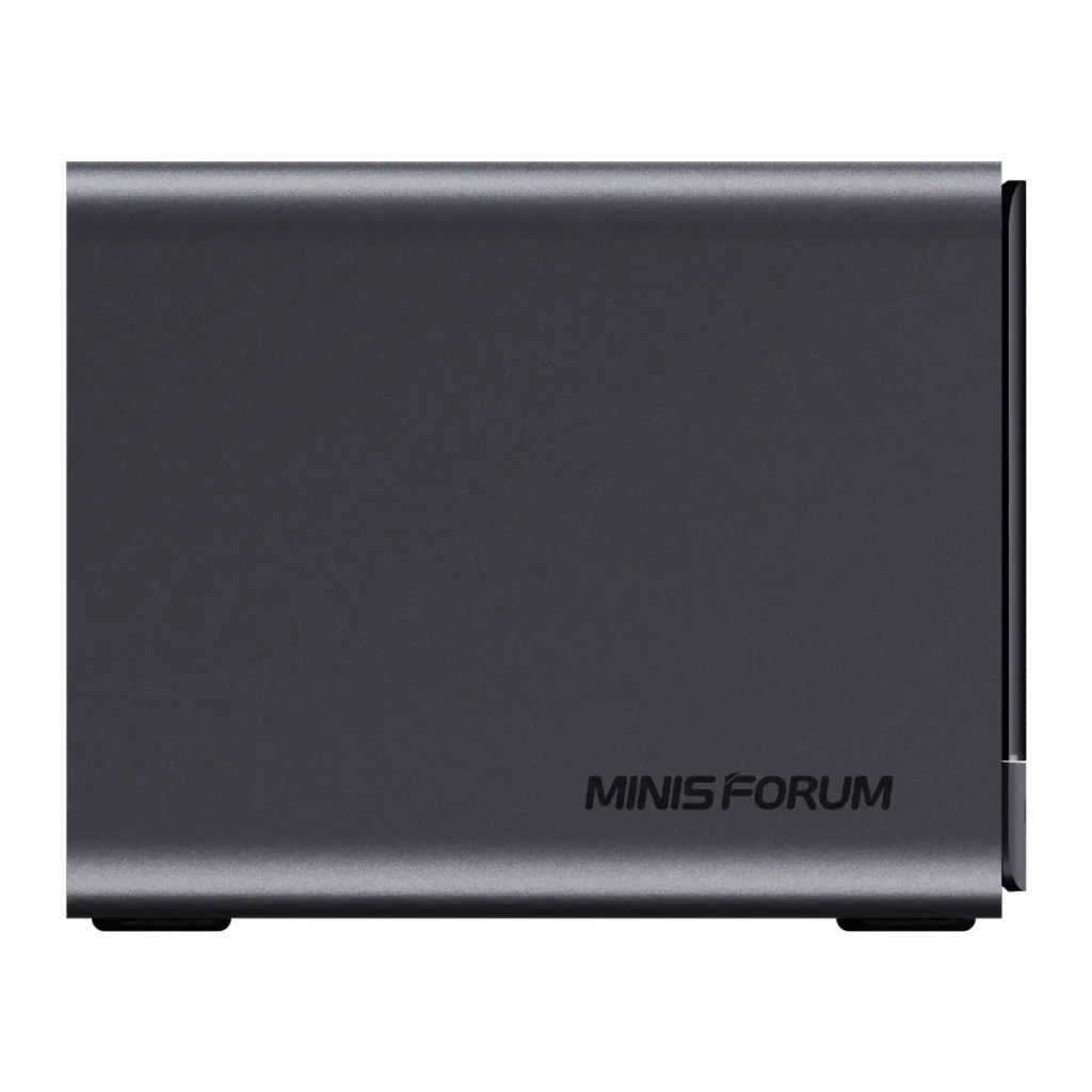 NAS Minisforum N5 Air 64GB SSD Sin RAM AMD Ryzen 7 255 MinisCloud OS, detalle: tapa superior gris con logo MINISFORUM grabado